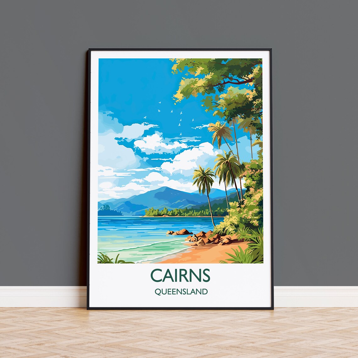 Cairns Queensland Tropical Beach Palm Bay Australia Travel Poster