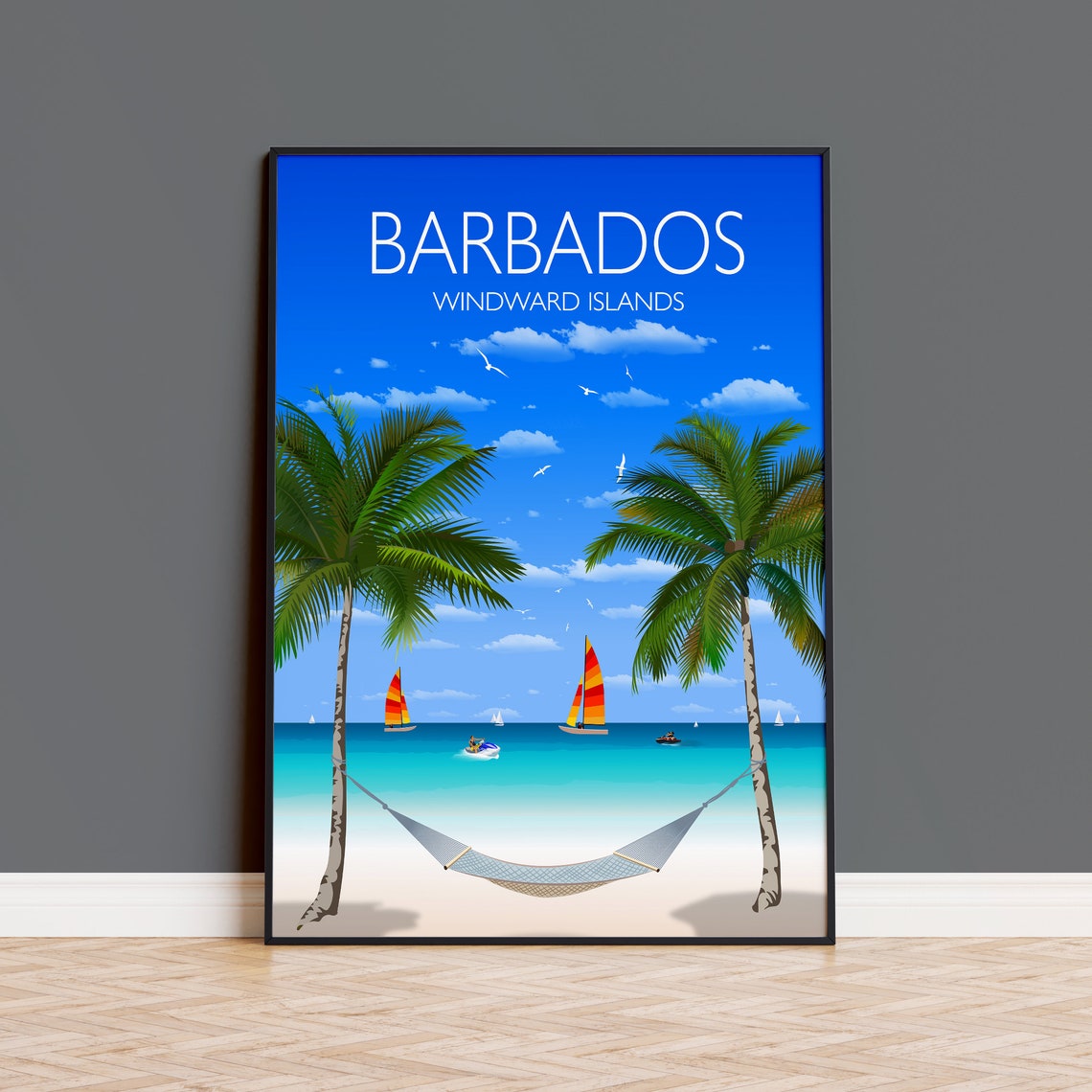 Barbados Windward Islands Beach Travel Poster Hammock Palm Trees