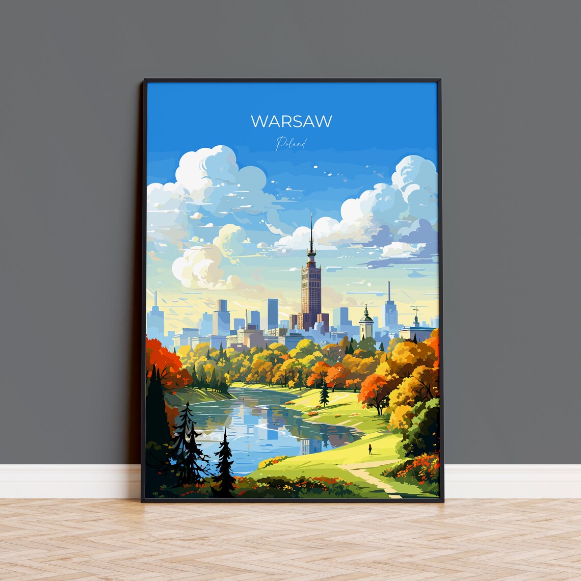 Warsaw Poland Travel Poster City Skyline Park Lake Autumn Colors