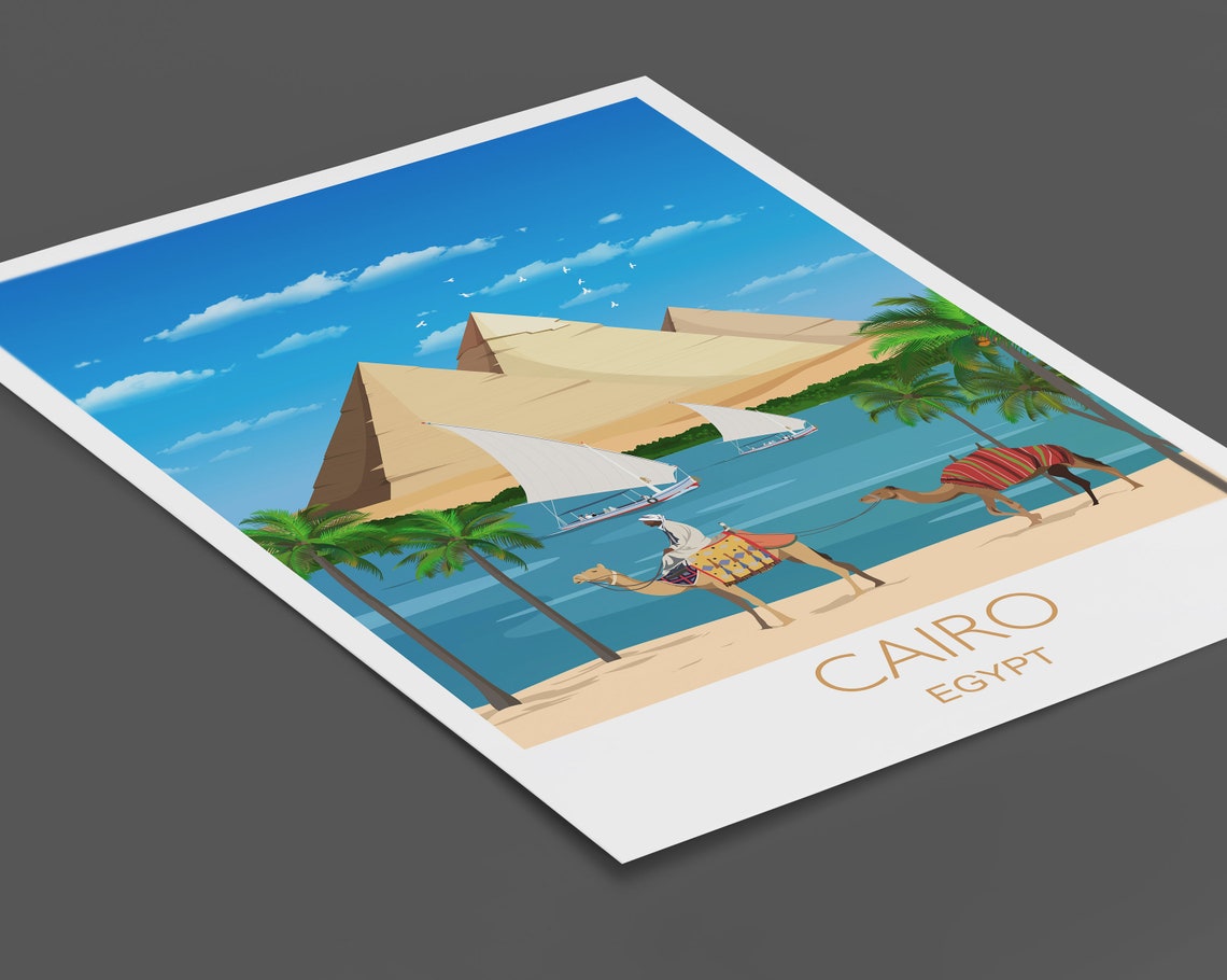 Cairo Egypt Pyramid Desert Camel Caravan Scene Travel Poster - Image 4