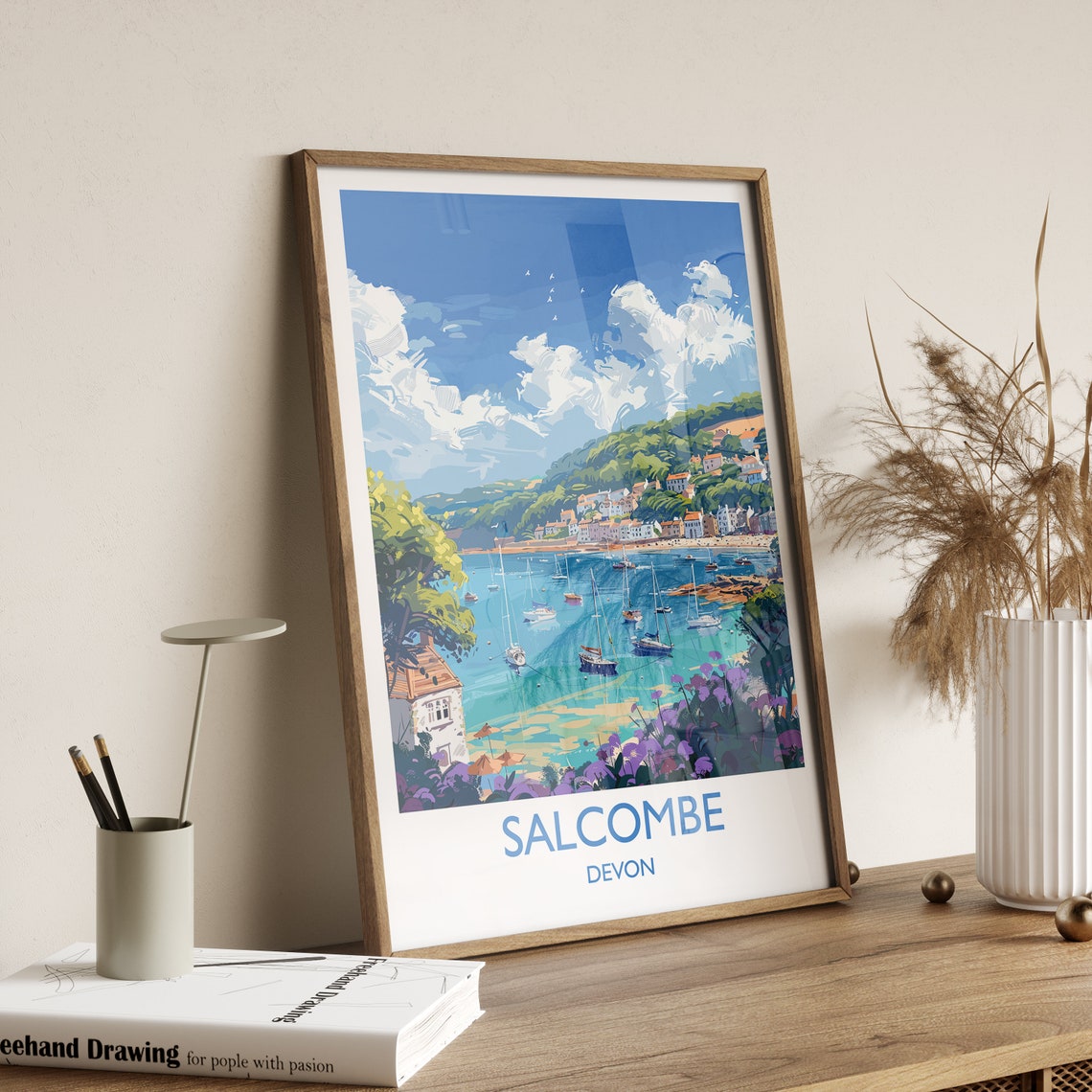 Salcombe Devon Sailing Harbor Boats Hillside Town Travel Poster - Image 2