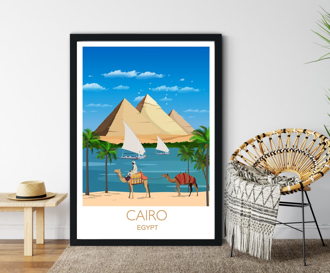 Cairo Egypt Pyramid Desert Camel Caravan Scene Travel Poster