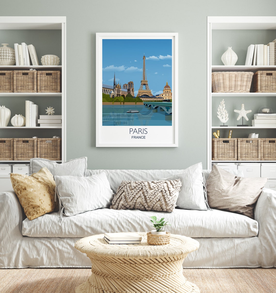 Paris France Travel Poster of Eiffel Tower Notre Dame and Seine - Image 2