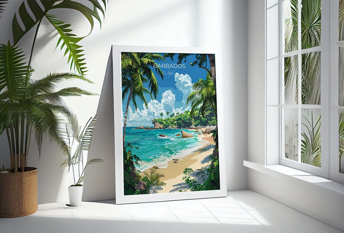 Barbados Caribbean Palm Framed Rocky Beach Waves Travel Poster - Image 2