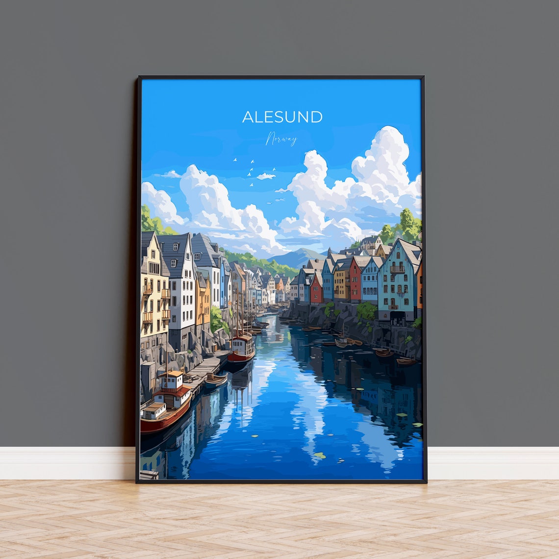 Alesund Norway Harbor Art Nouveau Houses Travel Poster Wall Decor