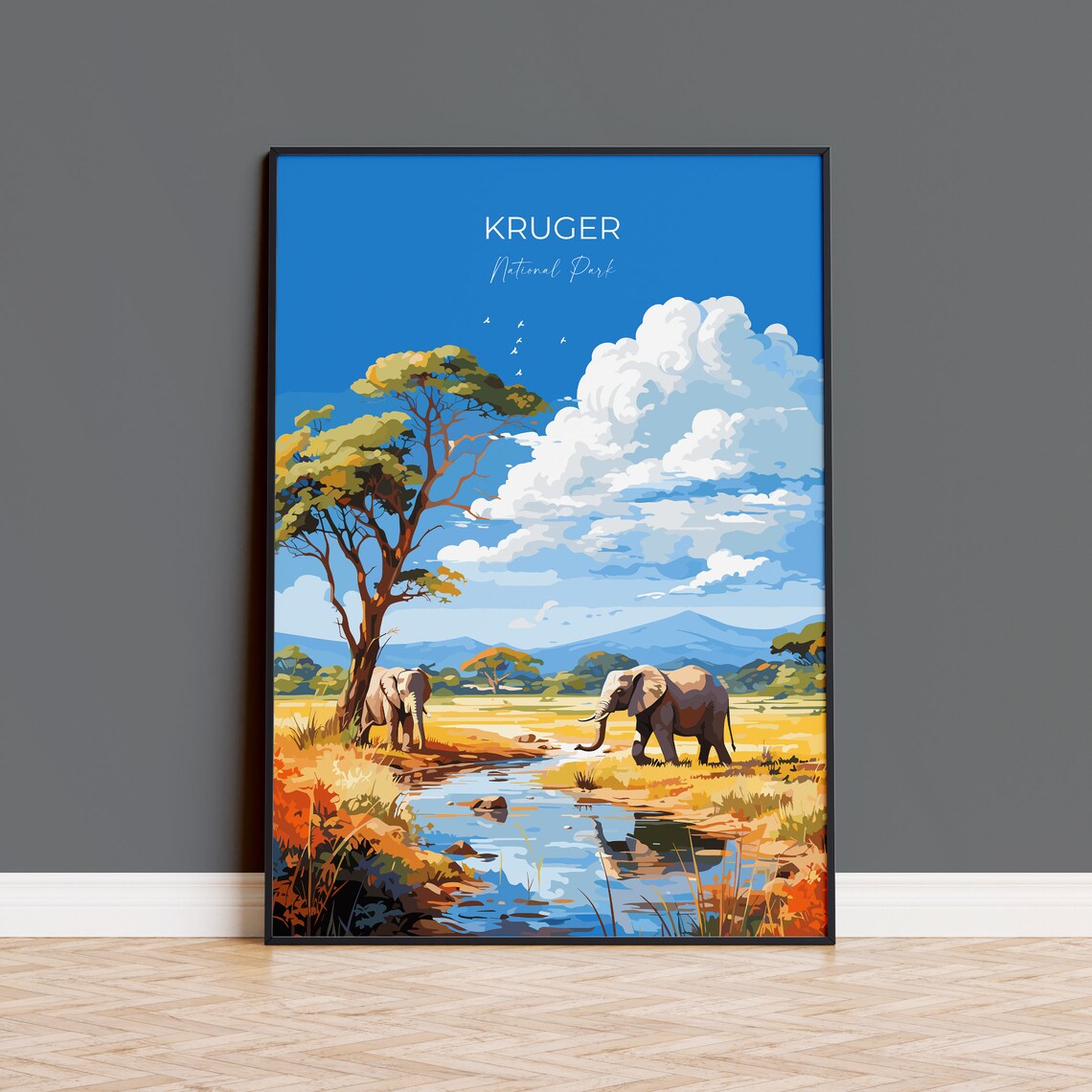Kruger National Park Elephants At Watering Hole Savanna Travel Poster