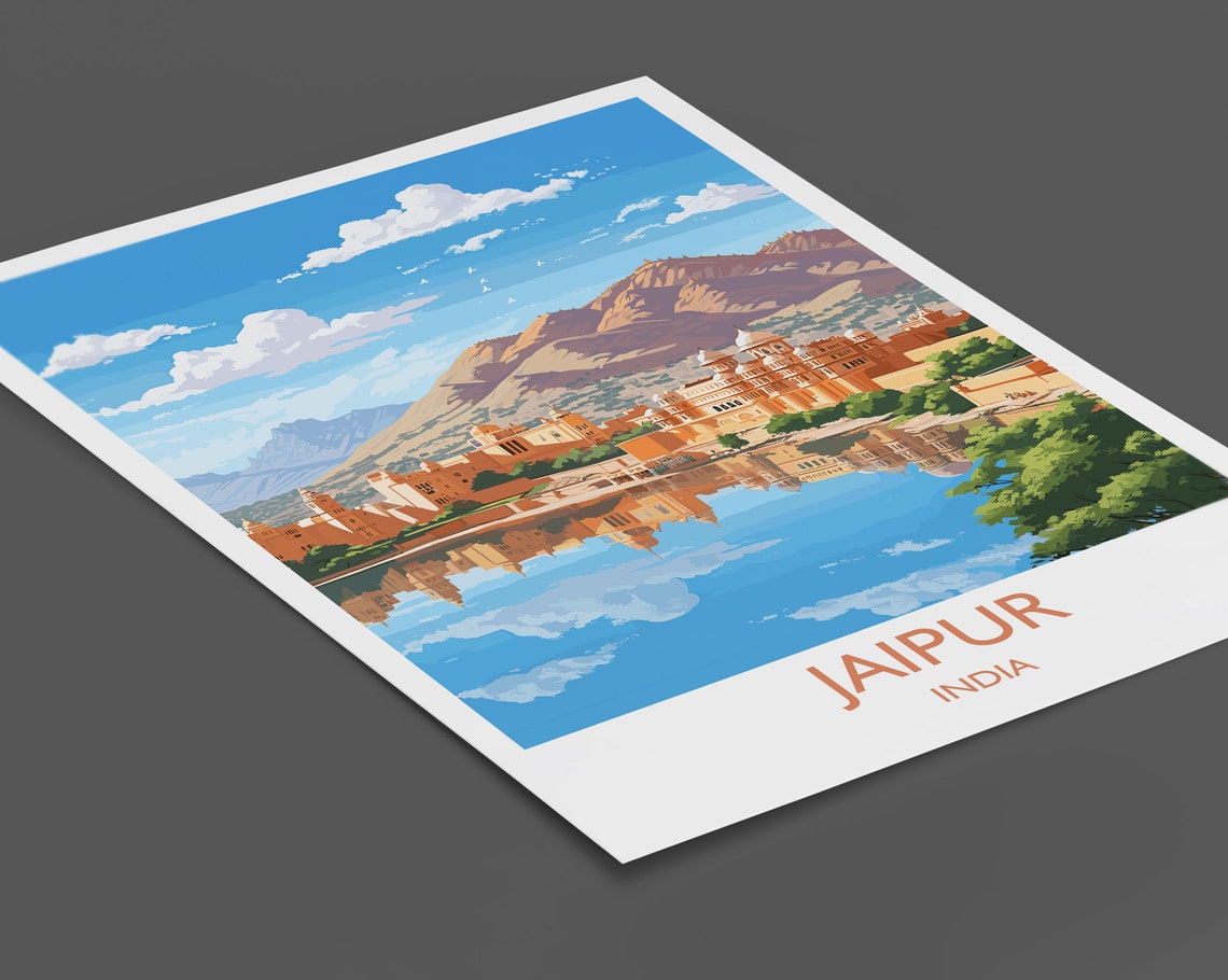 Jaipur India Pink Palace Lake Reflection Mountain Art Poster - Image 2
