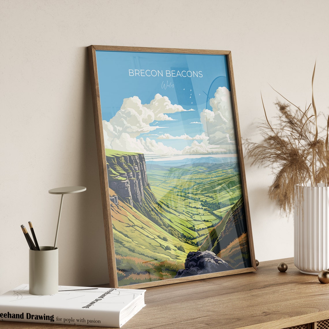 Brecon Beacons Wales Green Valley Cliffs Landscape Travel Poster Decor - Image 2