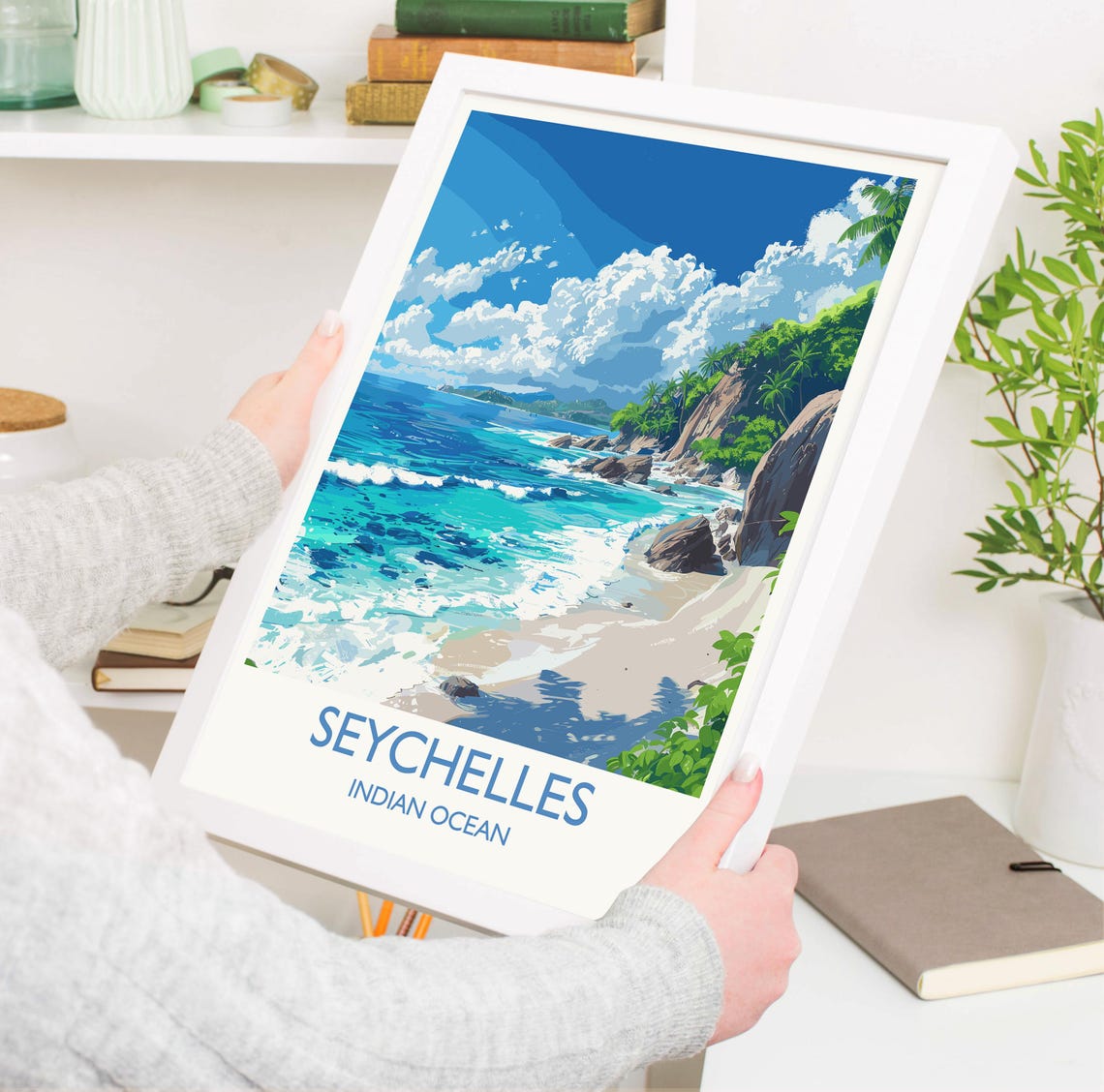 Seychelles Indian Ocean Beach Bold Bottom Title Travel Poster - Image 3
