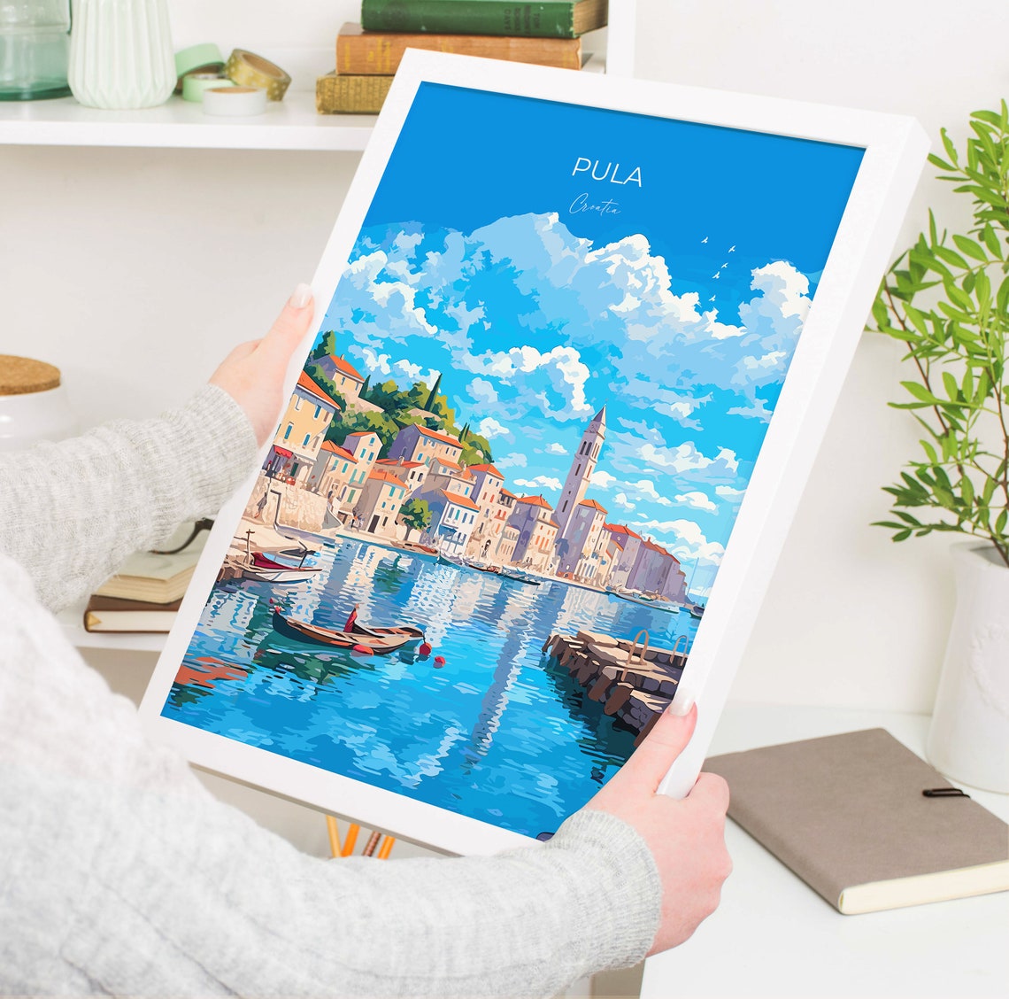 Pula Croatia Waterfront Bell Tower Boats Harbor View Art Poster - Image 5