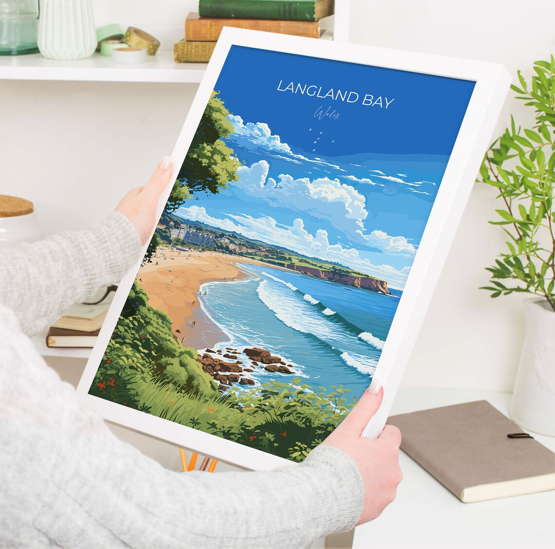Langland Bay Wales Travel Poster Blue Sky Beach Waves Vintage Style - Image 5