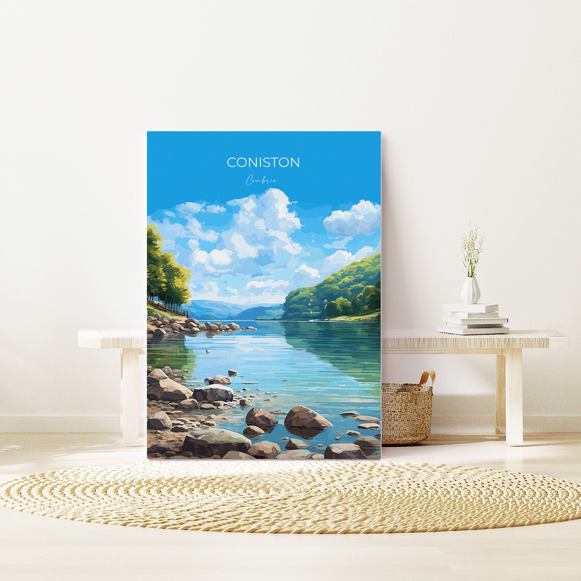 Coniston Cumbria Peaceful Lake Rocky Shore Green Hills Travel Poster - Image 2