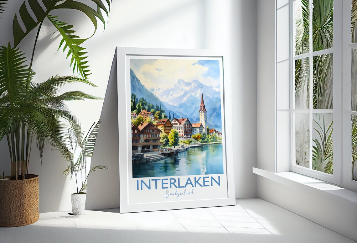 Interlaken Switzerland Alpine Lake Village Church Spire Poster - Image 3