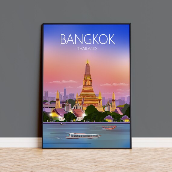 Bangkok Thailand Wat Arun Sunset River Scene Travel Art Poster