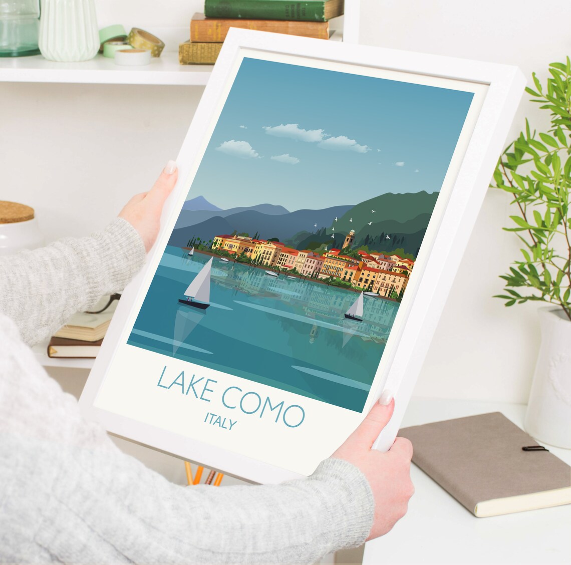 Lake Como Italy Travel Poster of Sailboats Village and Mountains - Image 3