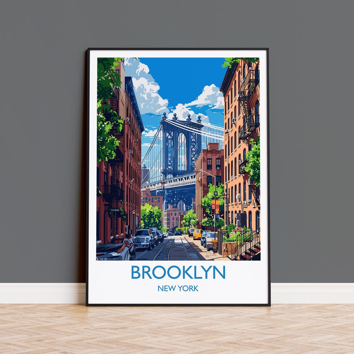 Manhattan Bridge Brooklyn Street Scene Poster With White Border
