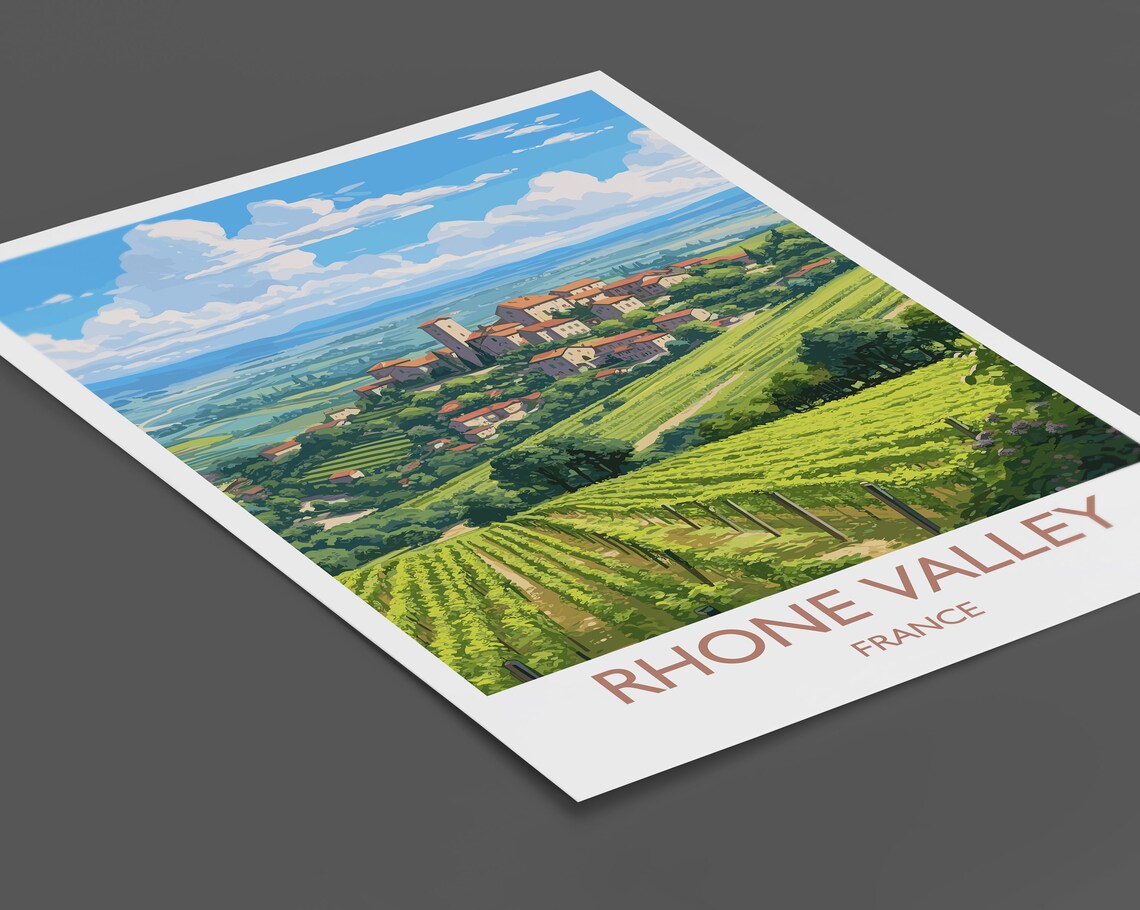 Rhone Valley France Vineyard Rows Hillside Village Art Poster - Image 2