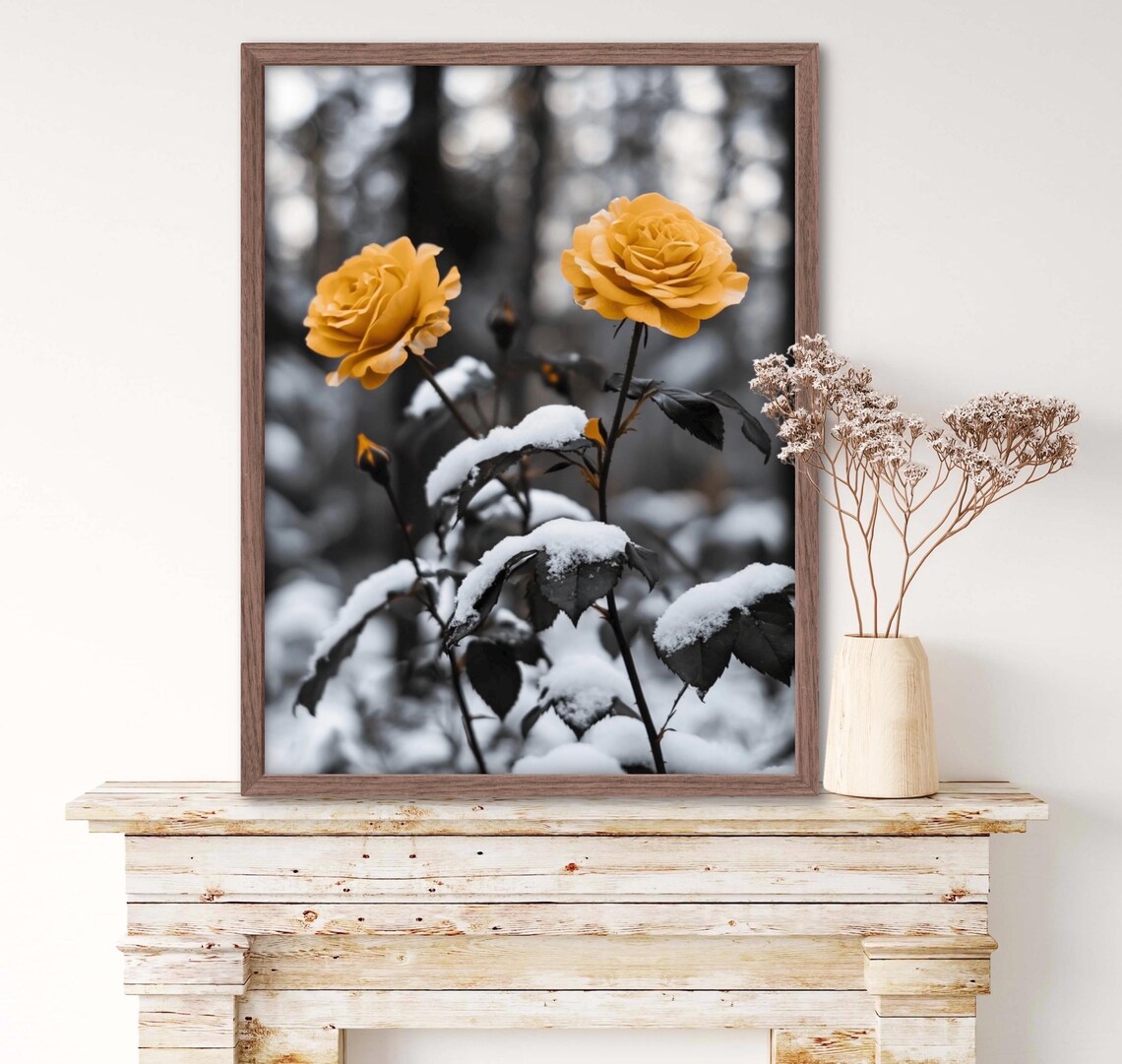 Yellow Roses Dusted With Snow In Monochrome Winter Garden Photo Art Poster - Image 2