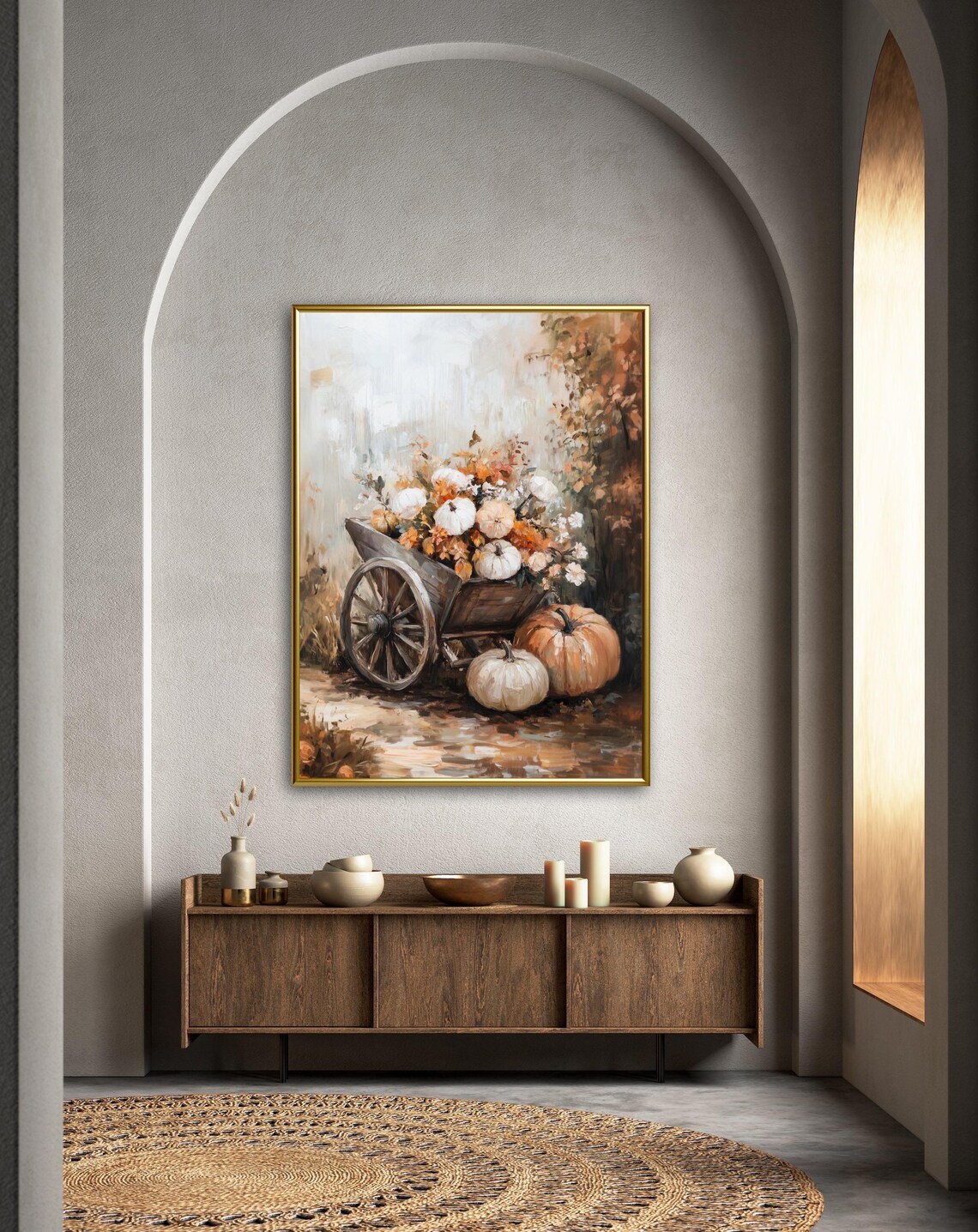 Wooden Wheelbarrow Overflowing With Pumpkins Flowers Fall Style Wall Art - Image 3