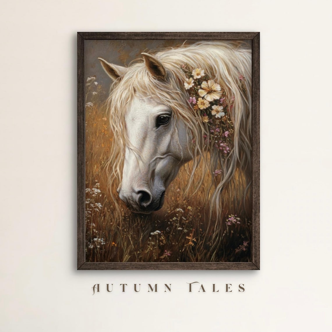 White Horse Portrait in Golden Meadow with Wildflowers Vintage Wall Art Poster