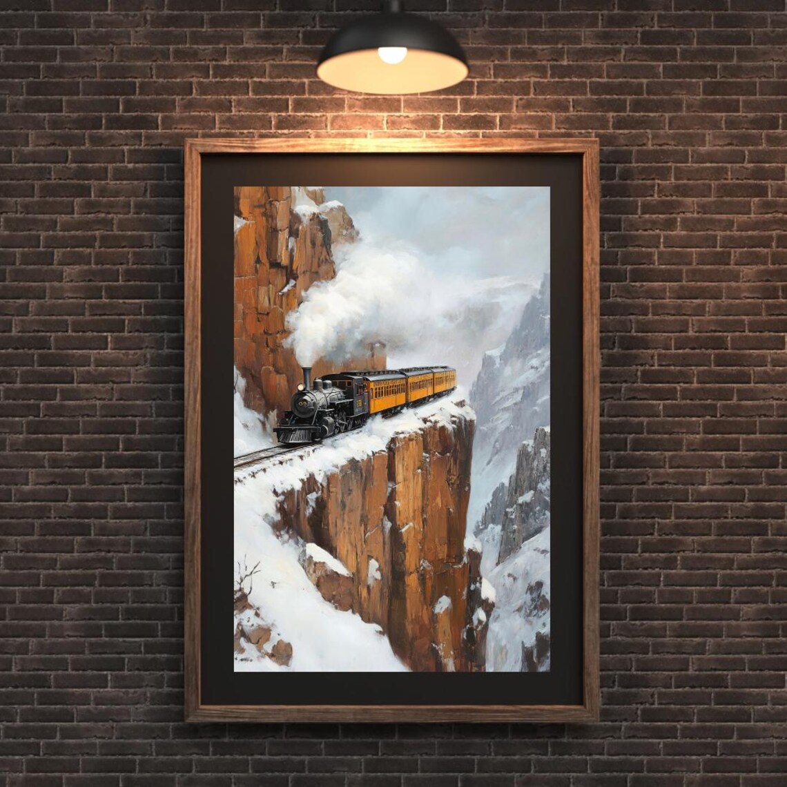 Steam Train on Snowy Cliffside Railway Through Winter Canyon Wall Art Poster - Image 4