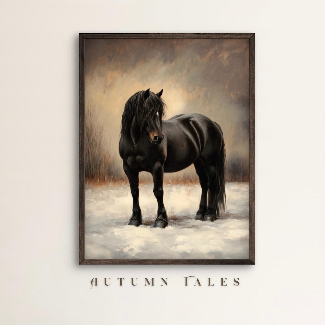 Majestic Black Draft Horse Standing In Snow Moody Winter Wildlife Art Print