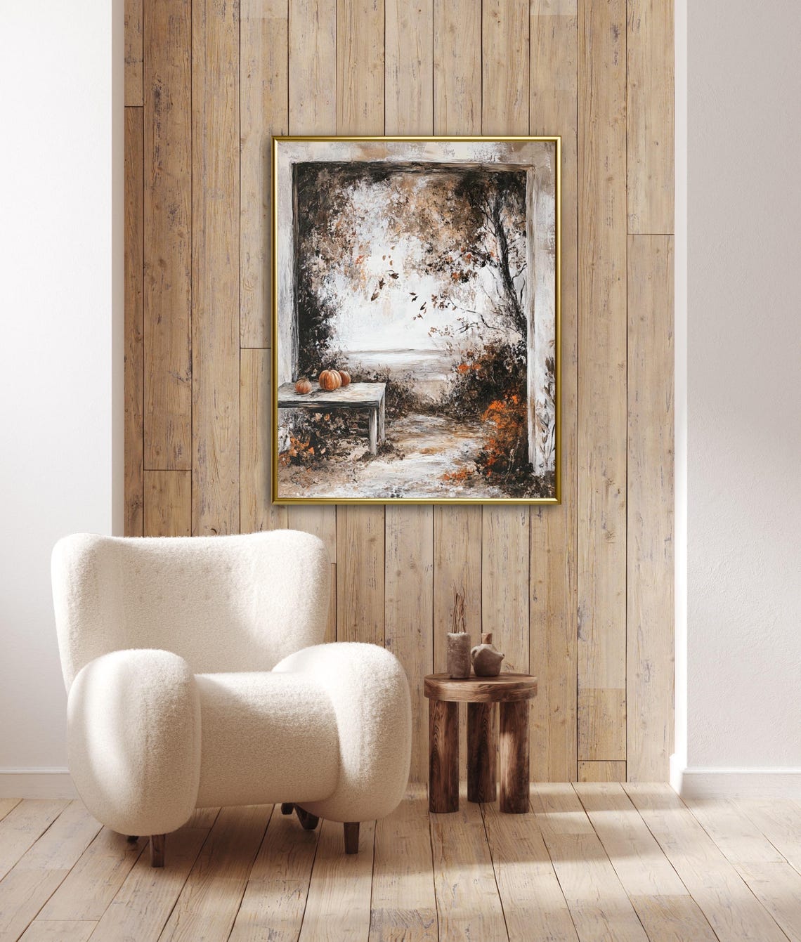 Autumn Pumpkins On Rustic Table By Lake View Window Art Print - Image 2
