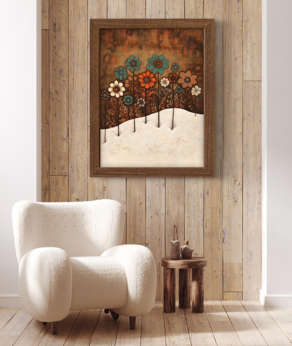 Folk Art Winter Spring Wildflowers On Snow Turquoise Orange Floral Wall Print - Image 3