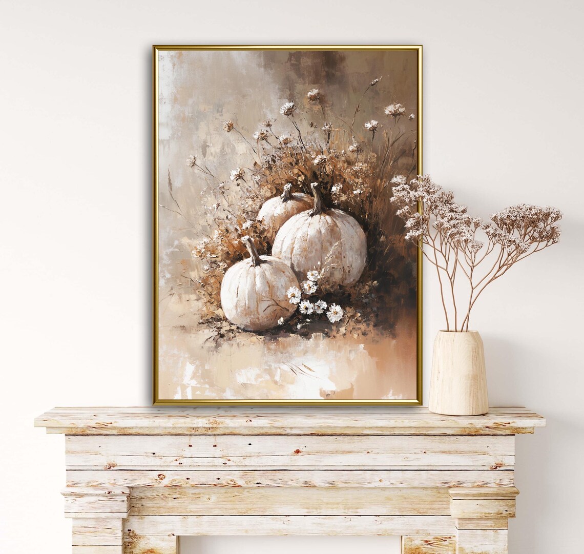 White Pumpkins With Wildflowers Neutral Farmhouse Autumn Style Wall Art - Image 4