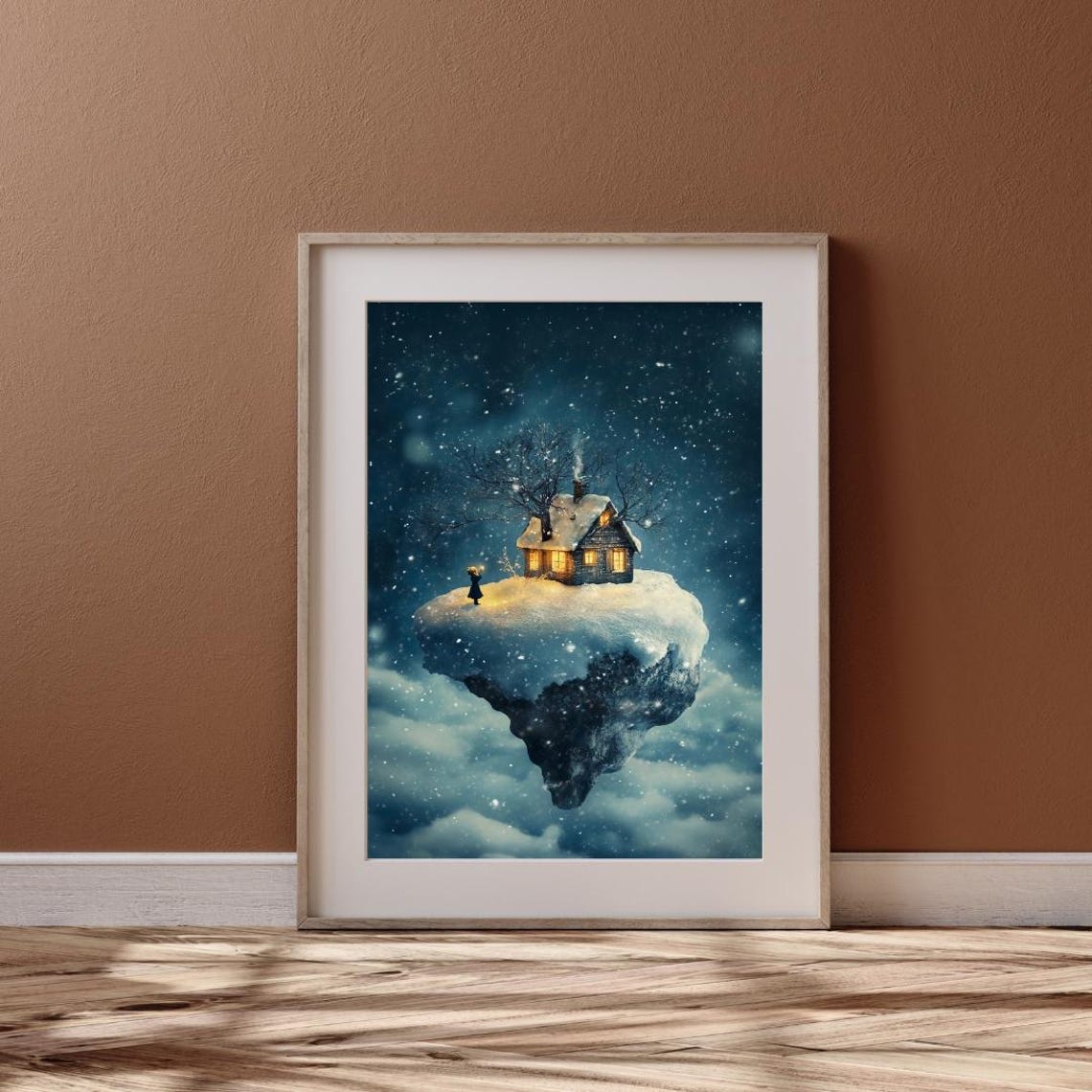Surreal Floating Island Snow Cottage Starry Night Winter Dream Poster - Image 5