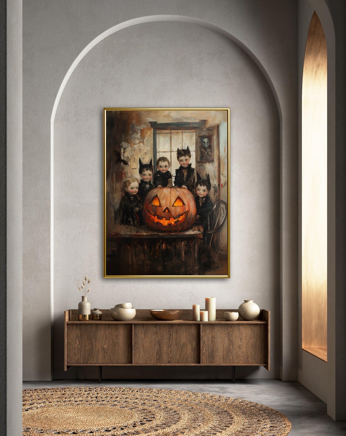 Vintage Kids In Bat Costumes With Giant Glowing Jack O Lantern Halloween Poster - Image 3