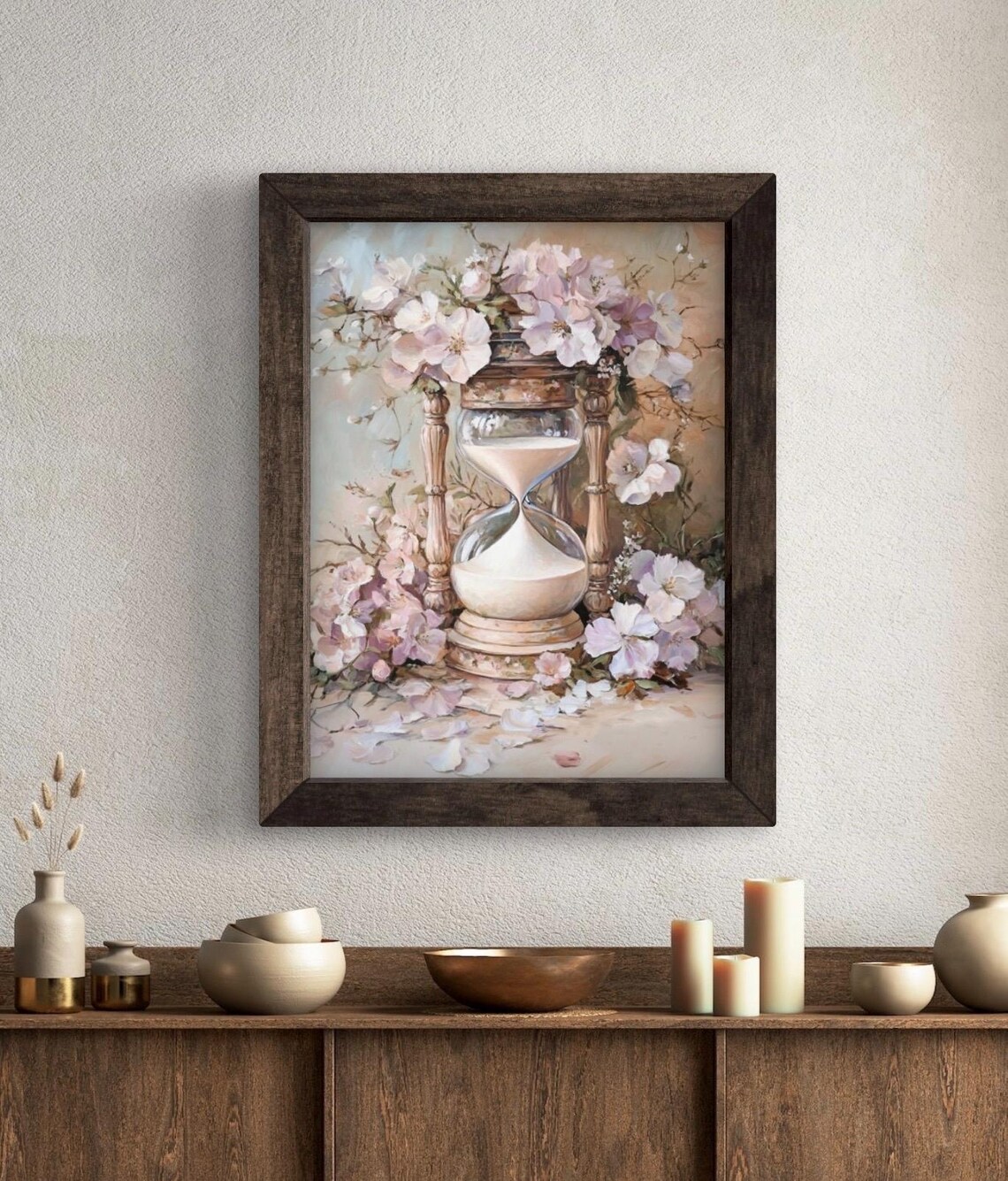 Vintage Hourglass Surrounded by Pink Cherry Blossoms Romantic Wall Art Print - Image 5