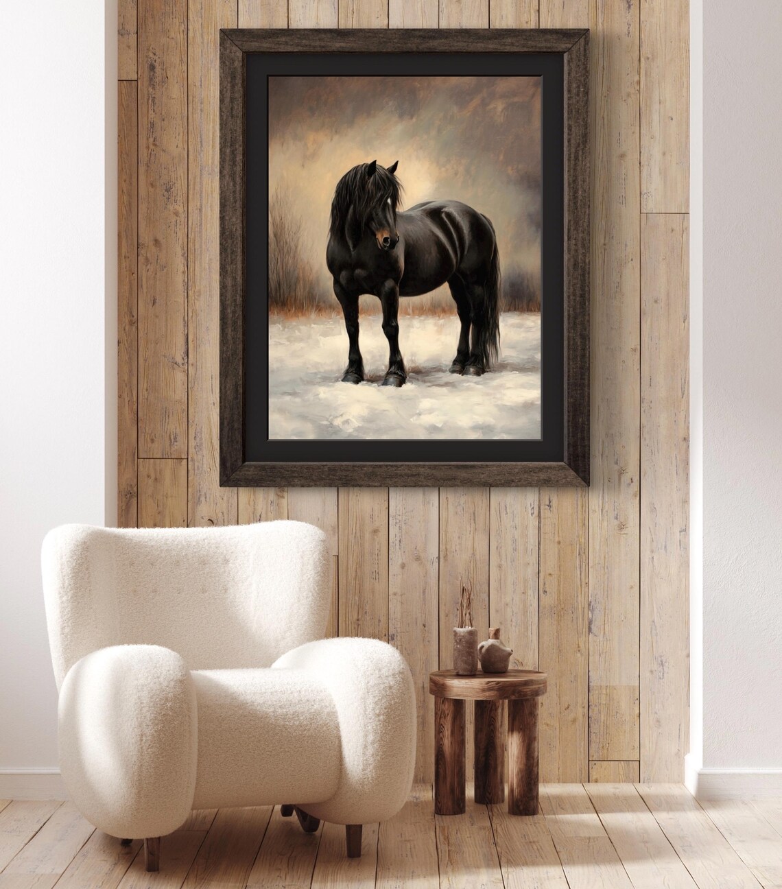 Majestic Black Draft Horse Standing In Snow Moody Winter Wildlife Art Print - Image 3