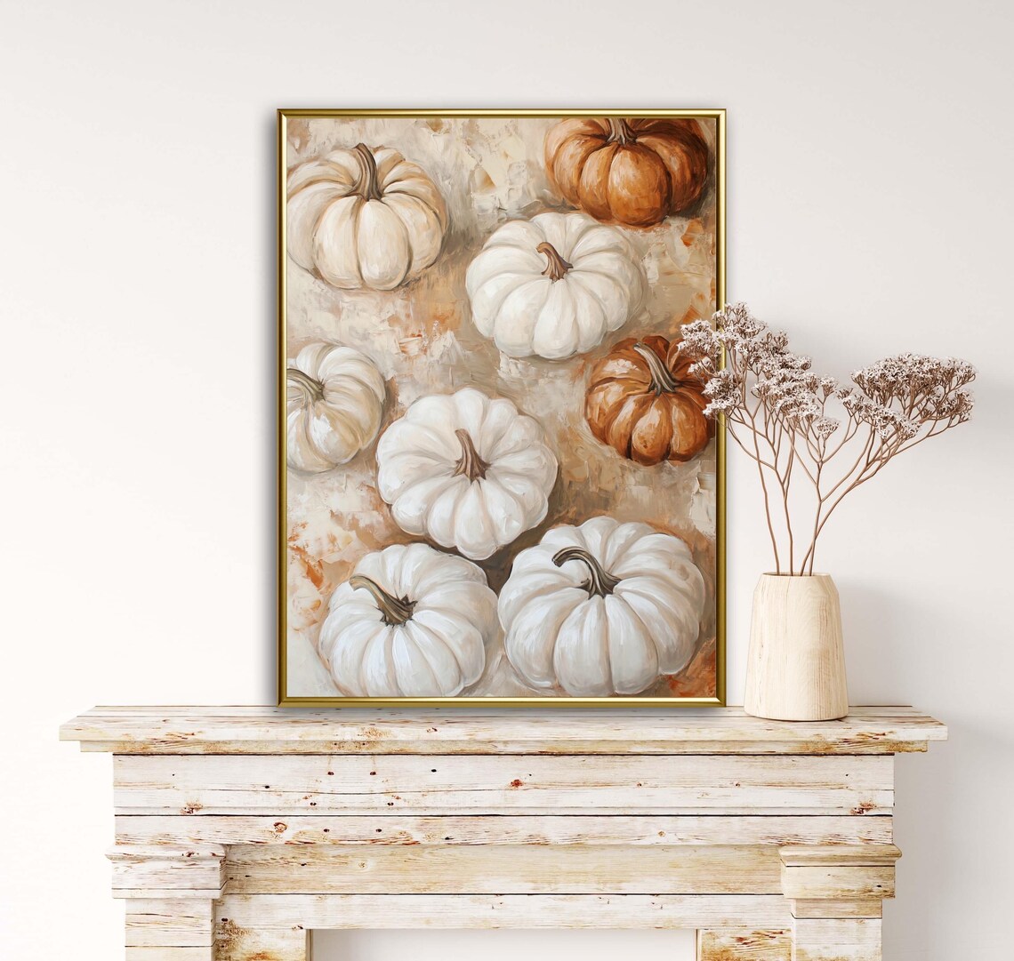 White and Rust Pumpkins Pattern Neutral Farmhouse Autumn Decor Wall Art - Image 4