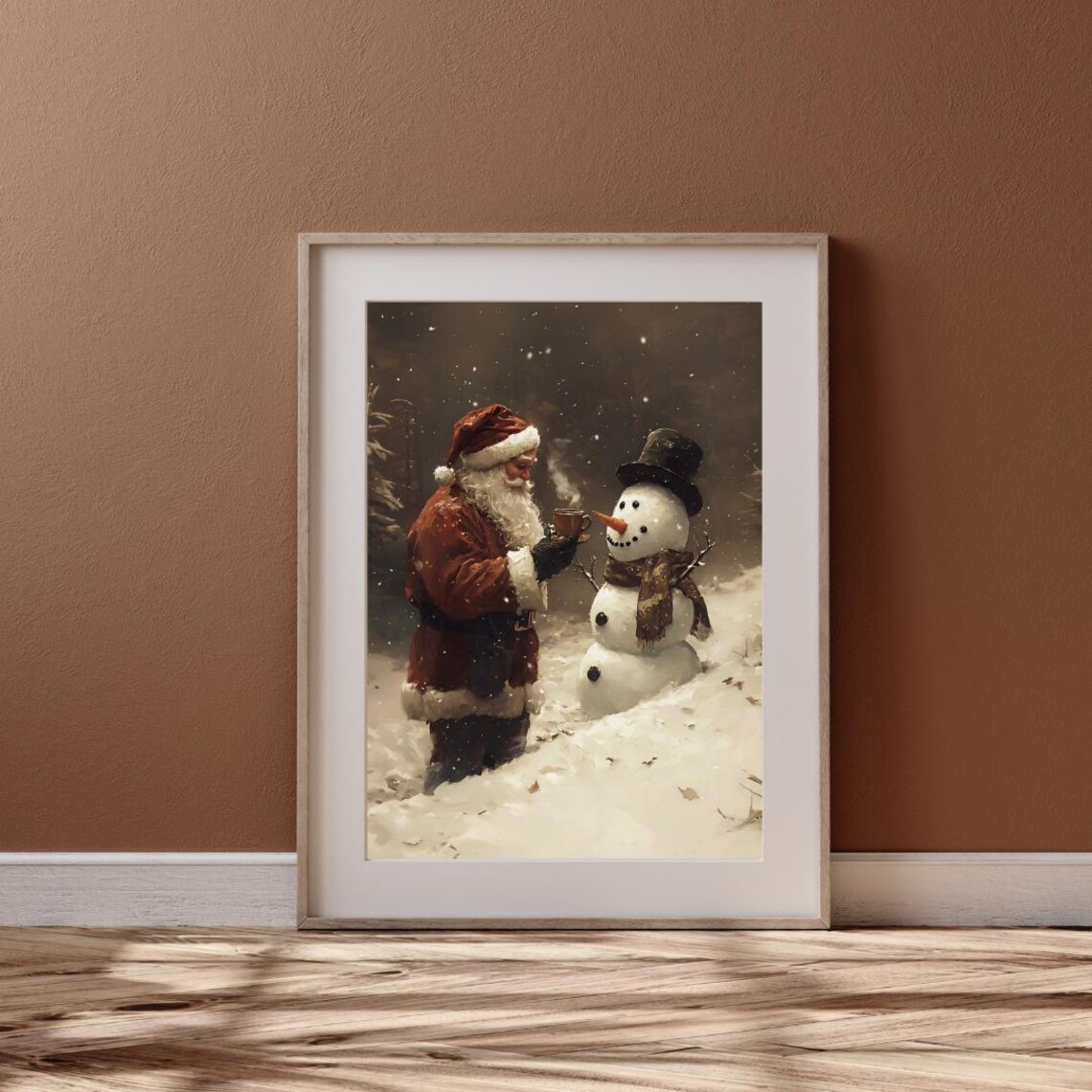 Cozy Christmas Santa and Snowman Vintage Holiday Art Print - Image 3