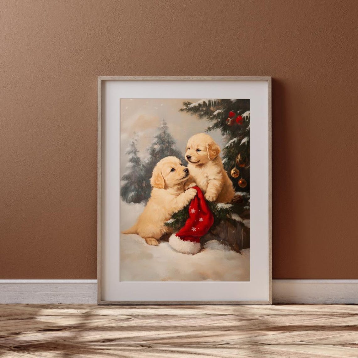 Vintage Christmas Golden Retriever Puppies Wall Art Festive Christmas Wall Decor Of Two Playful Golden Puppies In A Winter Forest - Image 6
