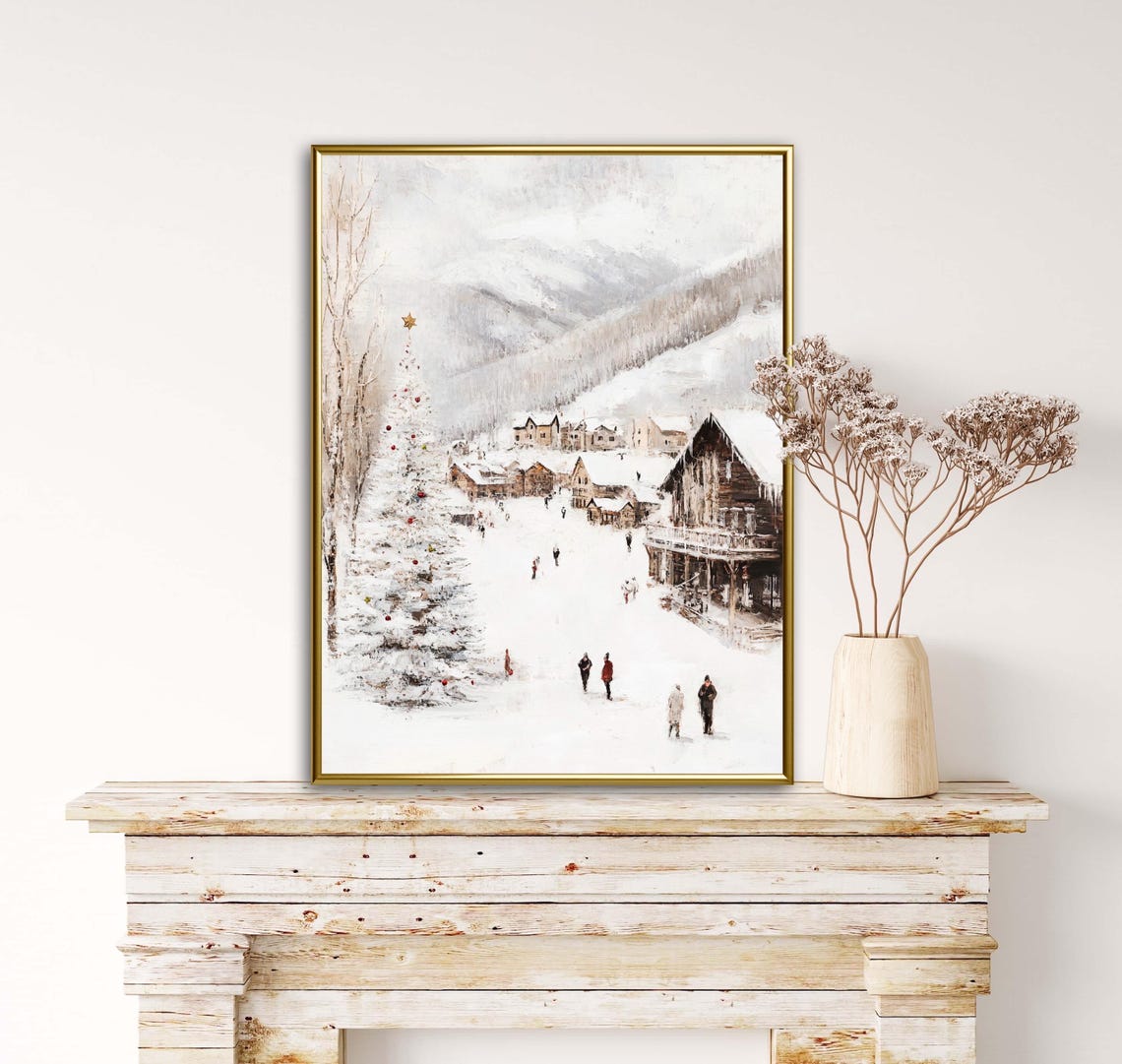 Vintage Chrsimas European Village Christmas Wall Art Snowy Winter Wonderland Ski Town Oil Painting Print Moody Christmas Farmhouse Decor - Image 5