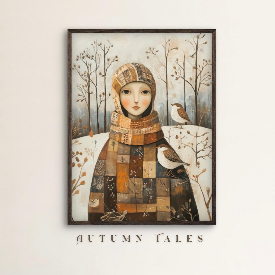 Folk Art Girl in Patchwork Coat with Birds in Snowy Forest Wall Art Print