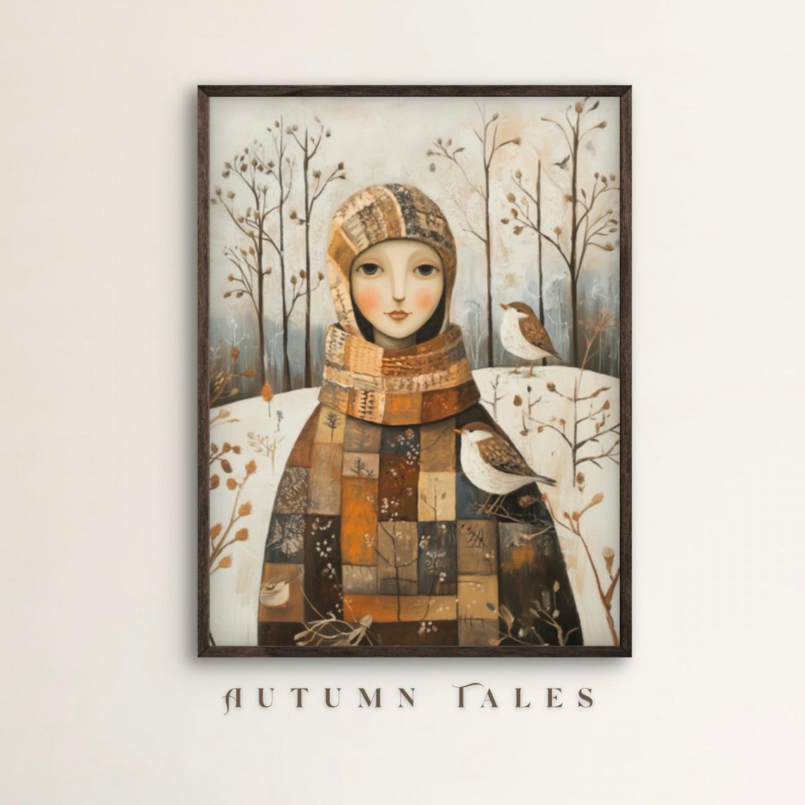 Folk Art Winter Female Portrait Wall Art Print A Girl In Snoey Forest With Two Birds Cozy Earthy Tones Seasonal