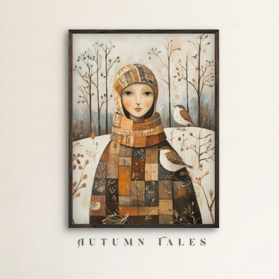 Folk Art Girl in Patchwork Coat with Birds in Snowy Forest Wall Art Print