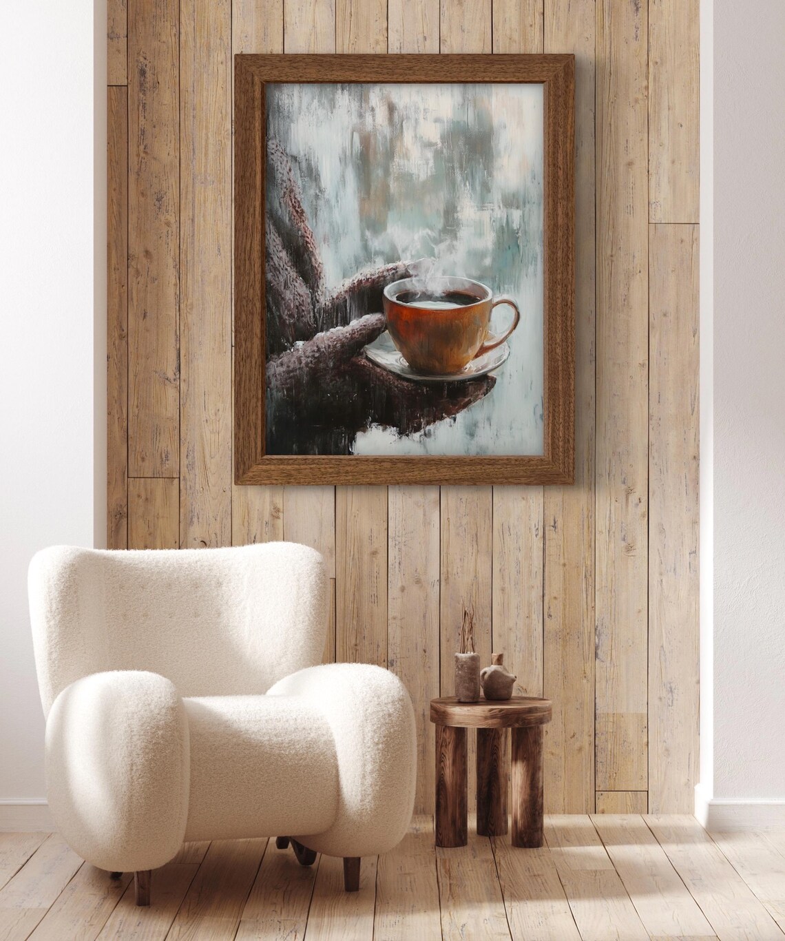 Steaming Tea Cup Held In Knitted Gloves Frosty Window View Winter Poster - Image 2