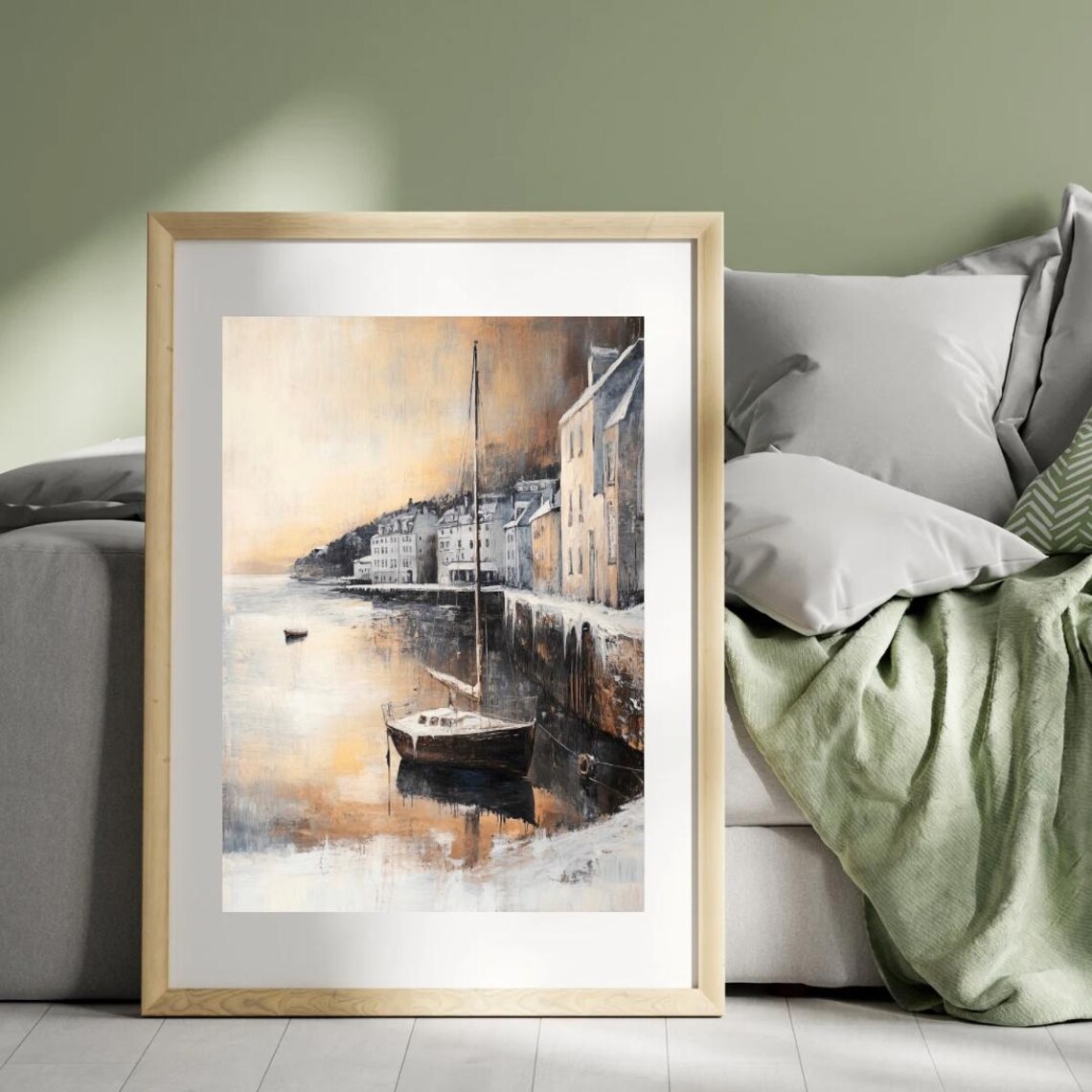 Snowy Harbor Town at Dusk with Sailboat Moody Coastal Winter Wall Art Poster - Image 3