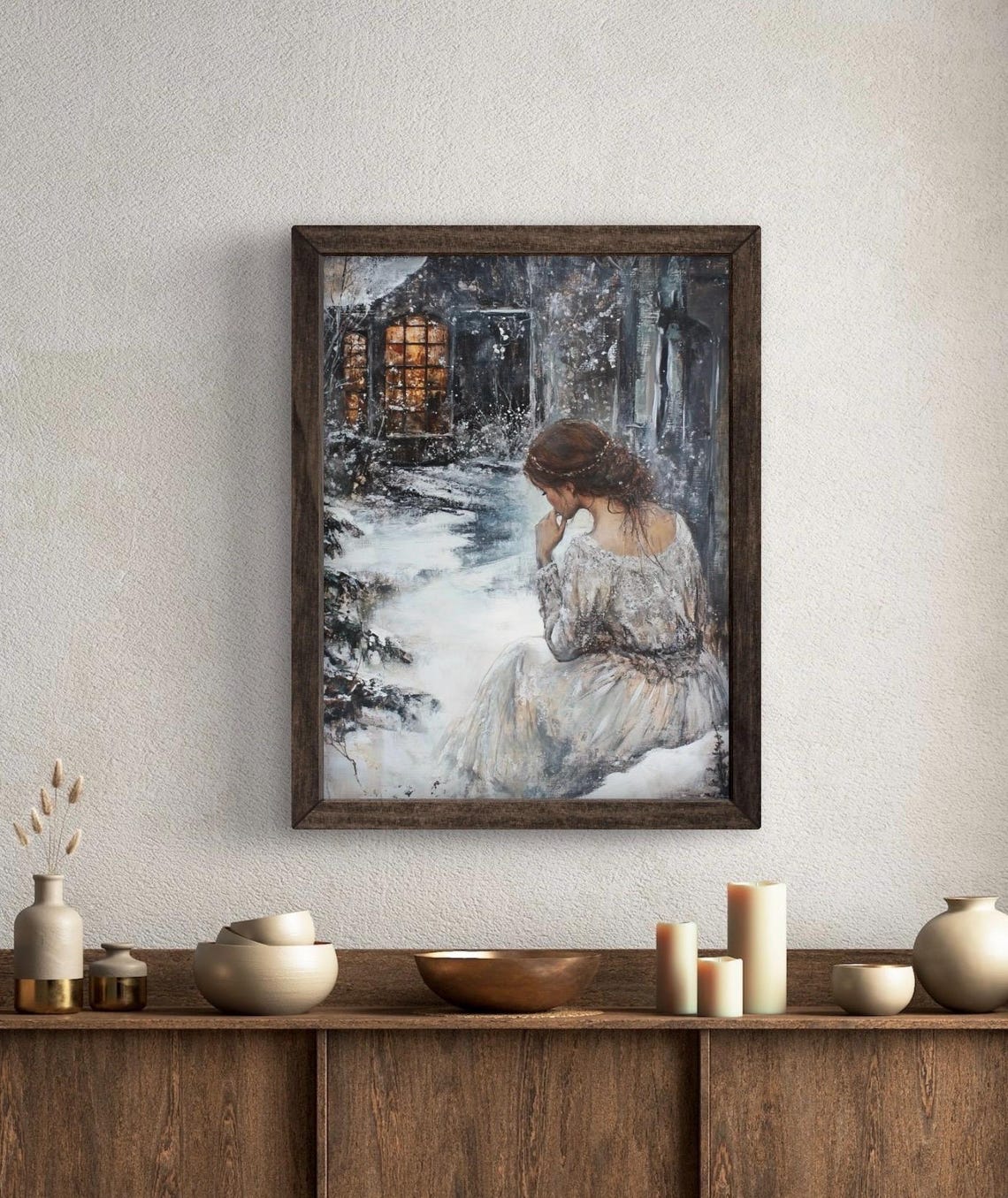 Victorian Winter Cottagecore Wall Art Print Of A Girl In White Dress Moody Snowy Day Vintage Romantic Painting - Image 5