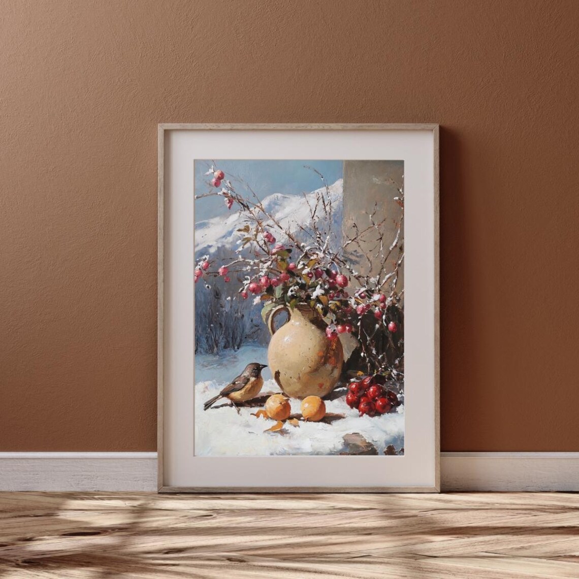 Winter Still Life Vase Of Snowy Red Berries With Little Bird Snow Art Print - Image 6