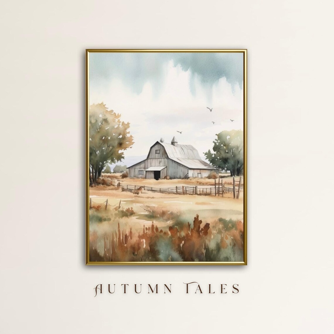 Gentle Soft Watercolor Barn With Fenced Autumn Field Art Print