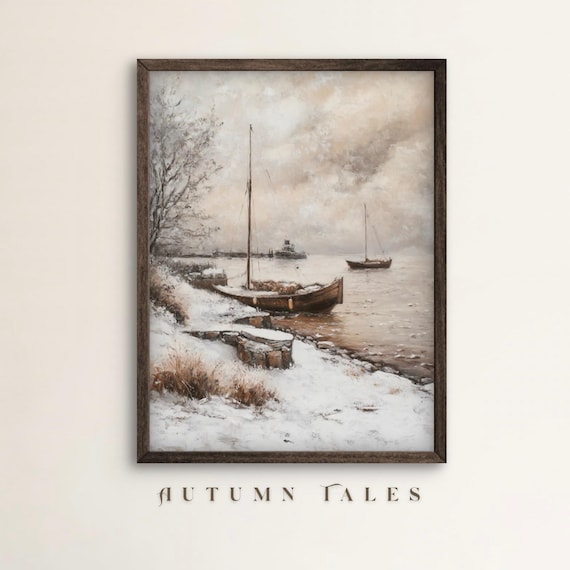 Winter Lakeshore Boat Wall Art Print Moody Coastal Landscape Snow Coevred Shore Lake View Moody Muted Tone