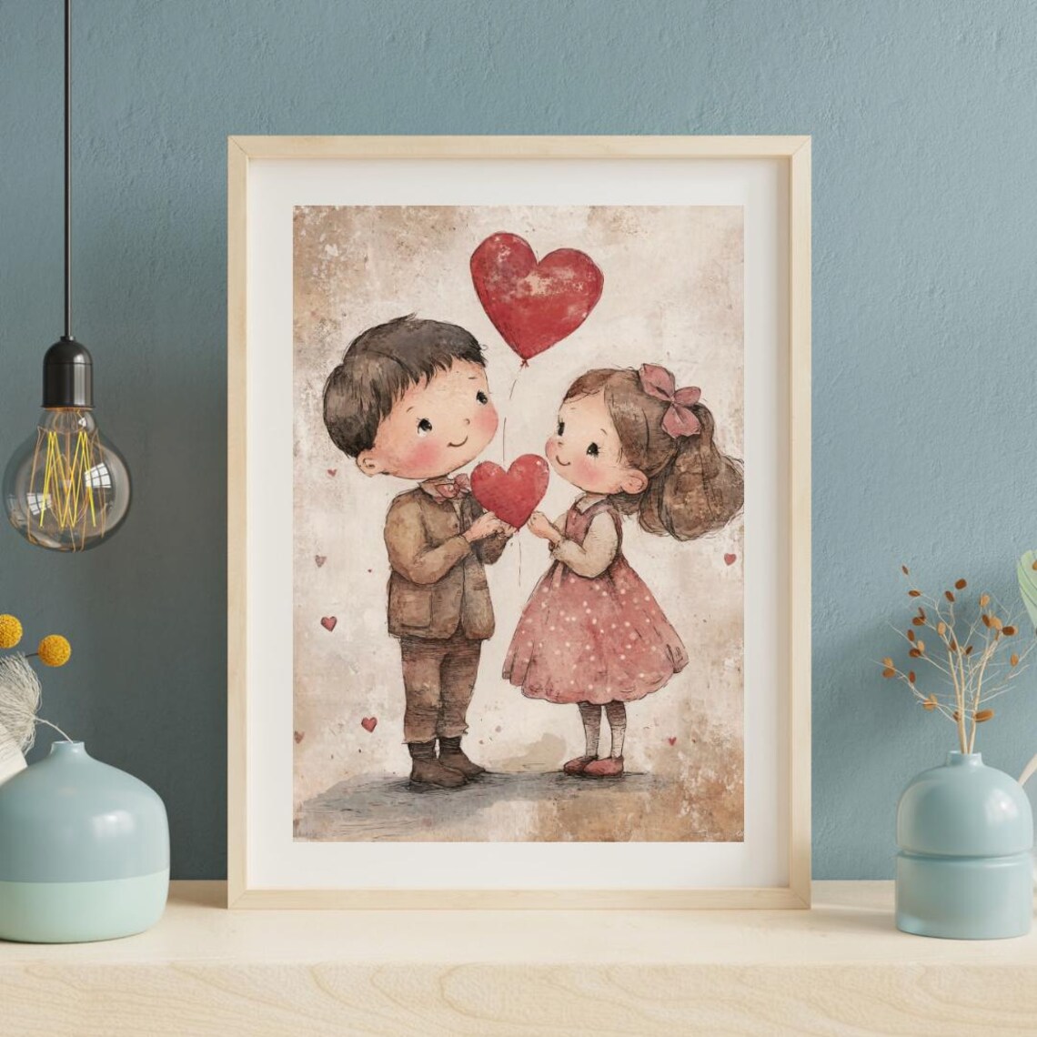 Boy and Girl Red Heart Balloon Vintage Valentines Day Poster - Image 5