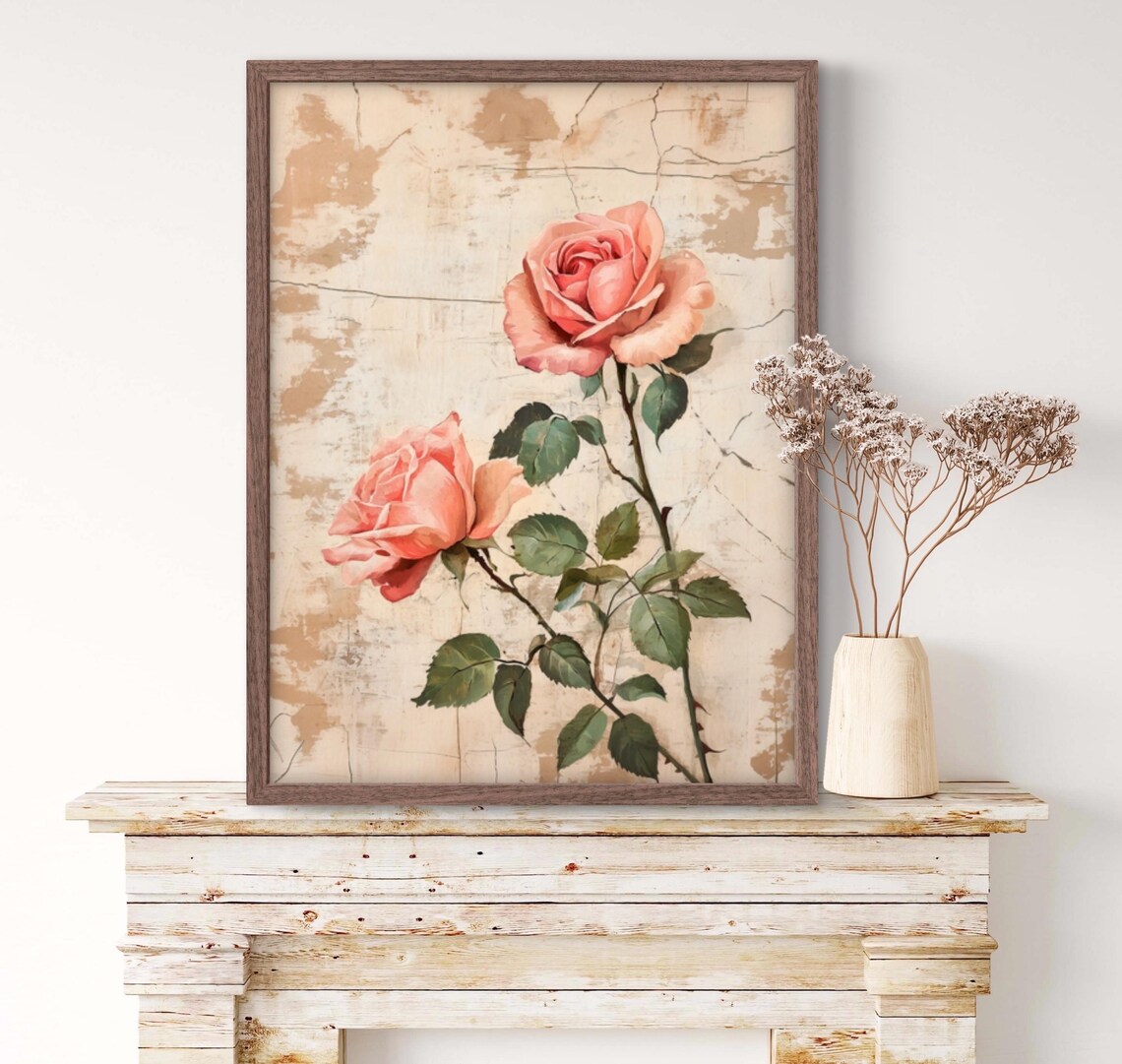 Vintage Pink Roses Botanical Illustration Distressed Beige Floral Poster - Image 2