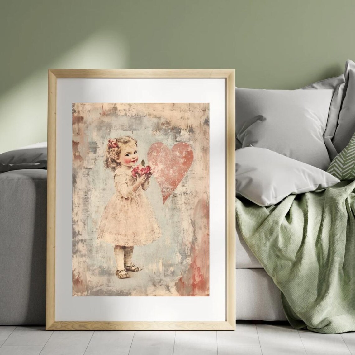 Sweet Little Girl Flowers Red Heart Vintage Valentines Day Poster - Image 5