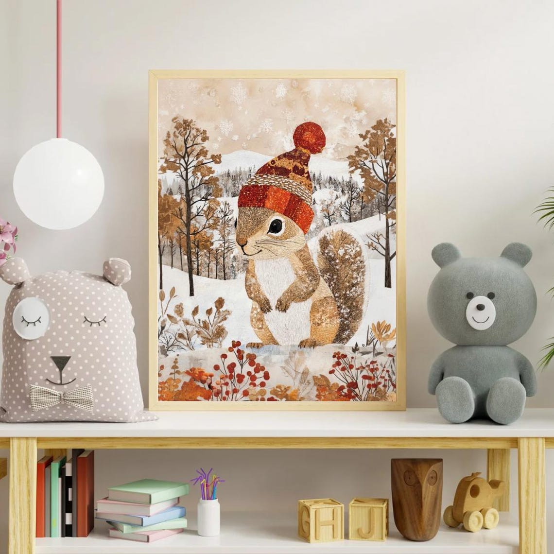Cute Squirrel Red Beanie Hat Snowy Forest Winter Animal Poster - Image 5